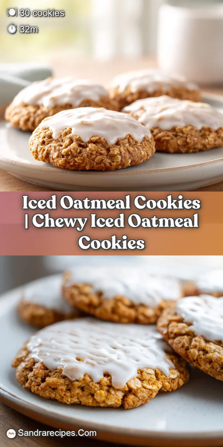 Close-up of a soft, golden-brown cookie showing a textured oat surface and a glossy, dripping white icing glaze.