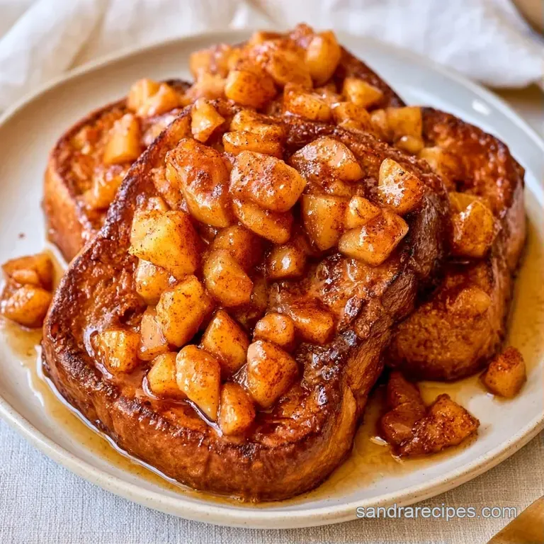 Thick slices of toasted whole-grain bread stacked with warm, caramelized apples and shimmering maple syrup.