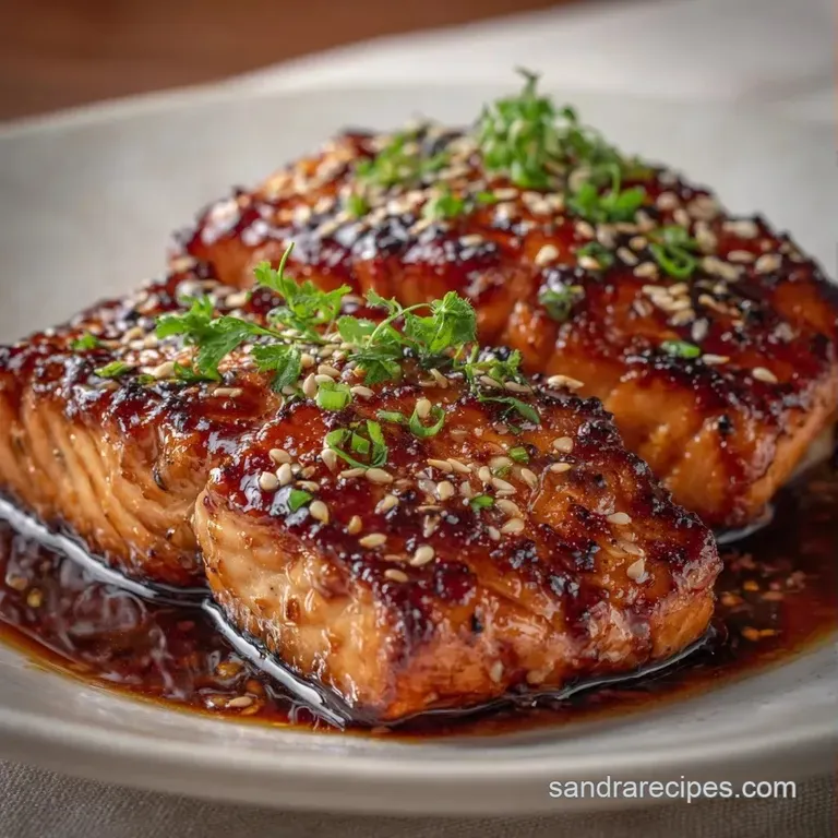 Seared pink salmon fillet resting on vibrant snap peas, drizzled with glossy brown sauce and toasted sesame seeds.