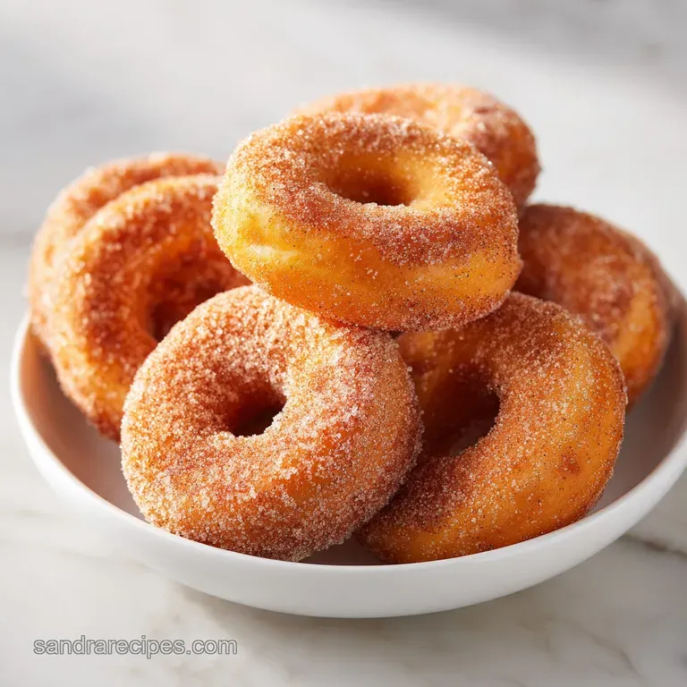 A neat stack of golden-brown rings glazed in white icing, topped with a pinch of cinnamon on a ceramic plate.