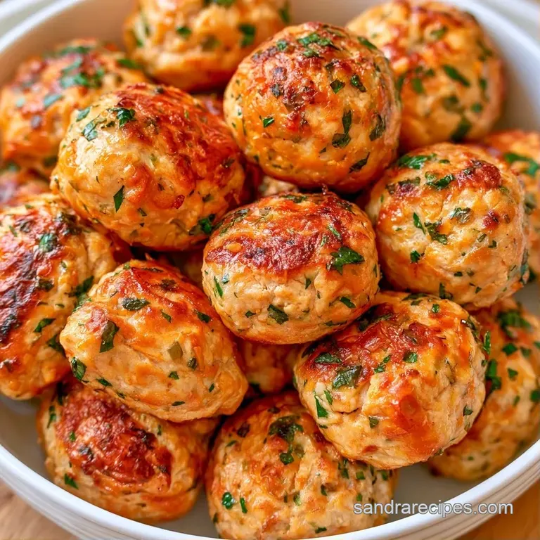 Three juicy browned meatballs on a white ceramic plate with a swirl of rich red sauce and a sprig of fresh basil.