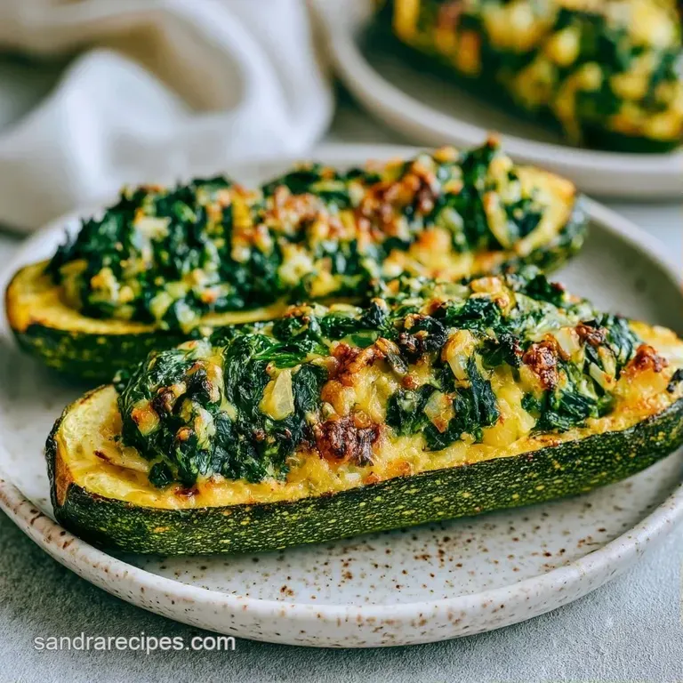 Two roasted zucchini halves with toasted cheese and parsley sprigs served on a slate grey plate with lemon wedges.