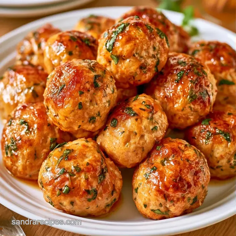 Three seared meatballs resting on a swirl of creamy polenta, topped with a sprig of basil and a drizzle of oil.