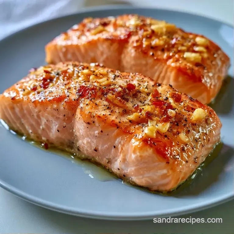 Seared pink salmon fillet on a white ceramic plate, garnished with a fresh lemon wedge and vibrant green herbs.