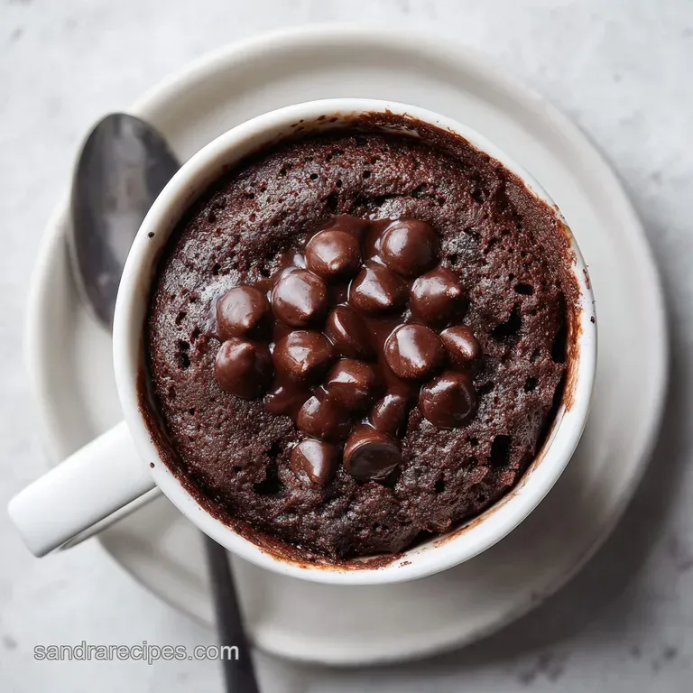 Warm chocolate cake in a minimalist mug on a rustic wood tray with a dusting of white powdered sugar and berries.