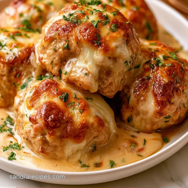 Searing brown meatballs in a rustic cast-iron skillet, topped with melted cheese and sprinkled with bright green herbs.