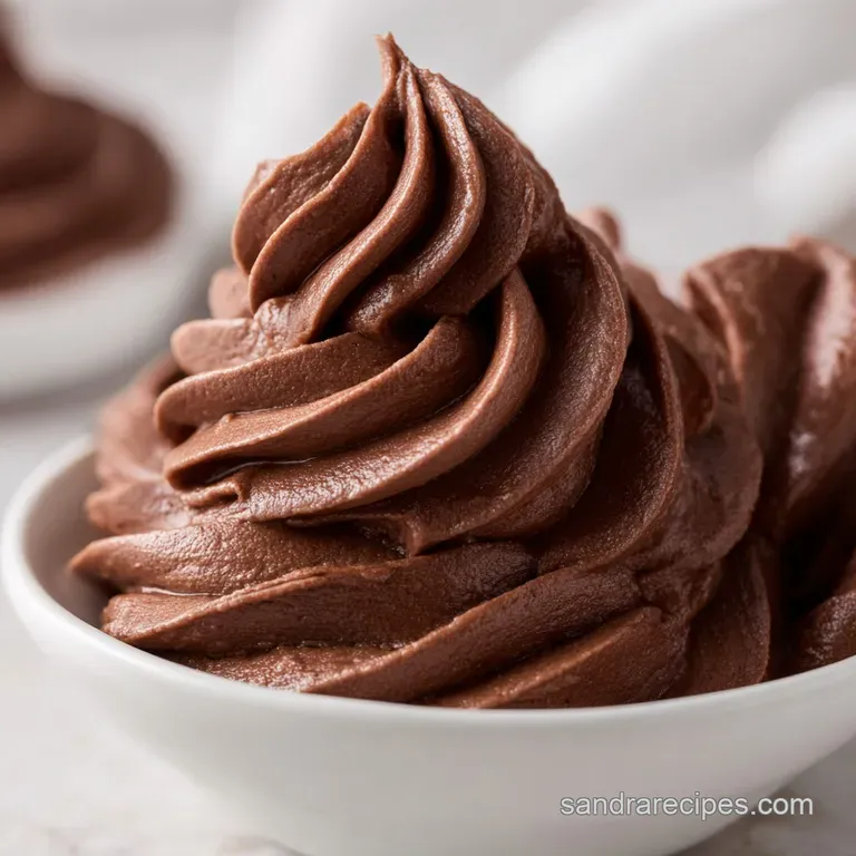 A swirl of glossy dark cocoa frosting piped elegantly onto a white plate with a dusting of fine cocoa powder.