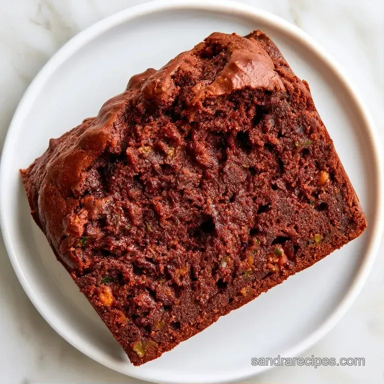 A thick slice of dark moist cake on a white ceramic plate, paired with fresh raspberries and a drizzle of syrup.