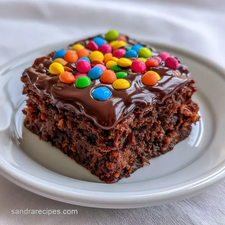 Neatly cut dark chocolate squares on a minimalist ceramic plate, accented by vibrant, multi-colored candy pieces.