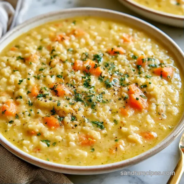 A steaming bowl of creamy soup topped with fresh green parsley, served beside a slice of toasted sourdough bread.