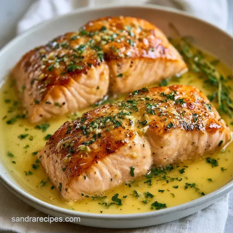 A seared pink salmon fillet plated on white ceramic, drizzled with a pale butter sauce and a lemon wedge.
