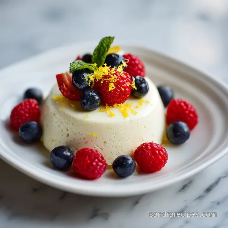 A single elegant glass of smooth lemon cream topped with a bright red raspberry and a sprig of fresh mint.