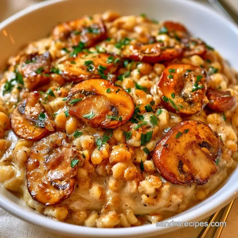 Elegant bowl of tiny pasta in a velvety cream sauce, garnished with golden mushrooms and fresh chopped chives.