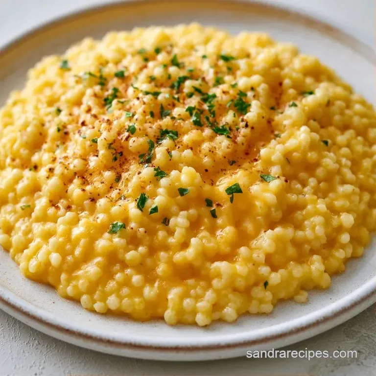 A white ceramic bowl filled with golden star pasta in a thick cream sauce, served with a silver spoon on a linen cloth.