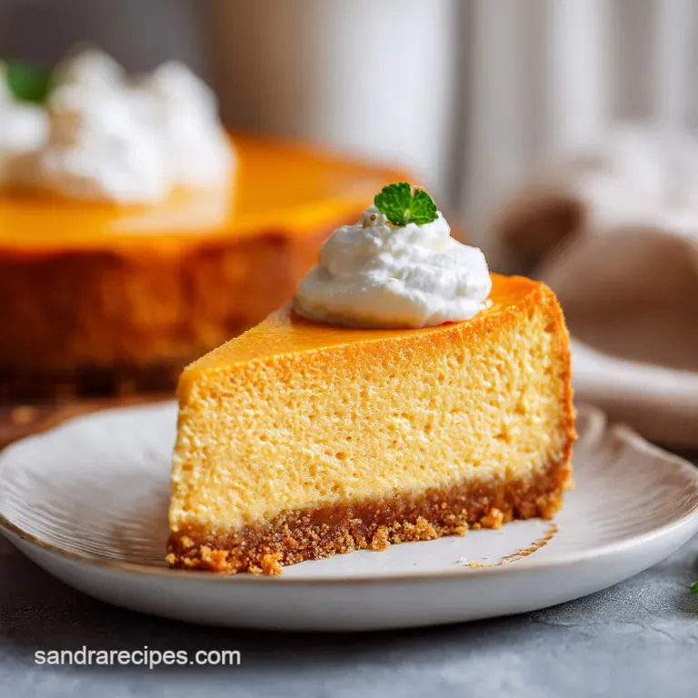 Elegant slice of smooth orange cream cake on a white porcelain plate with a light dusting of cinnamon.