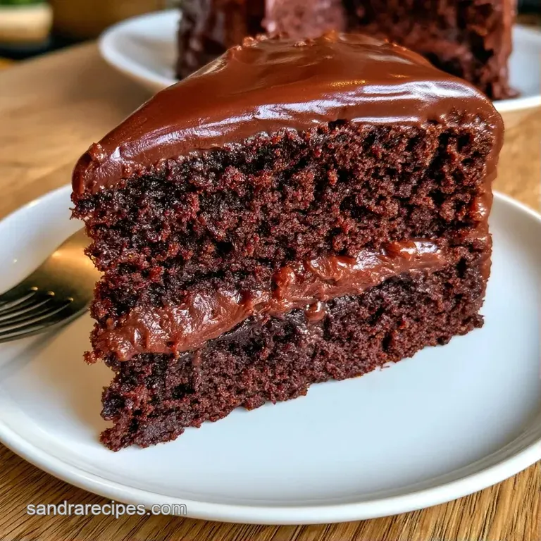 A dark, velvety chocolate cake slice on a minimalist plate, topped with glossy ganache and a dusting of cocoa powder.