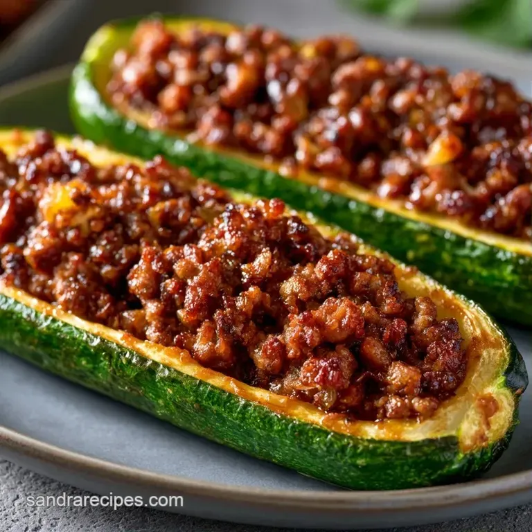Slices of beef-stuffed zucchini arranged on a white platter, drizzled with sauce and sprinkled with chopped herbs.