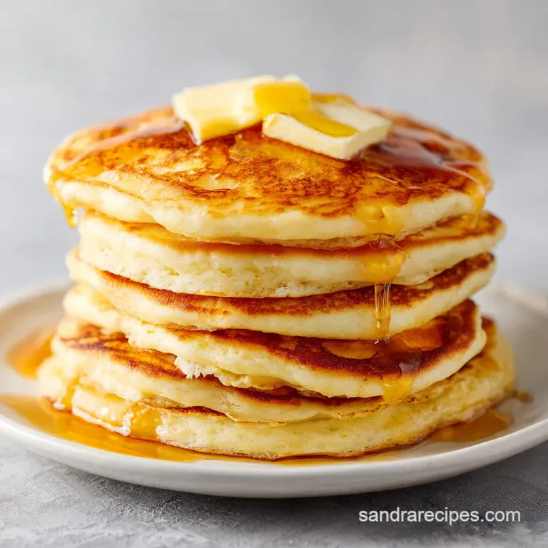 Three golden discs stacked high on a white ceramic plate, garnished with fresh blueberries and a dusting of powder.