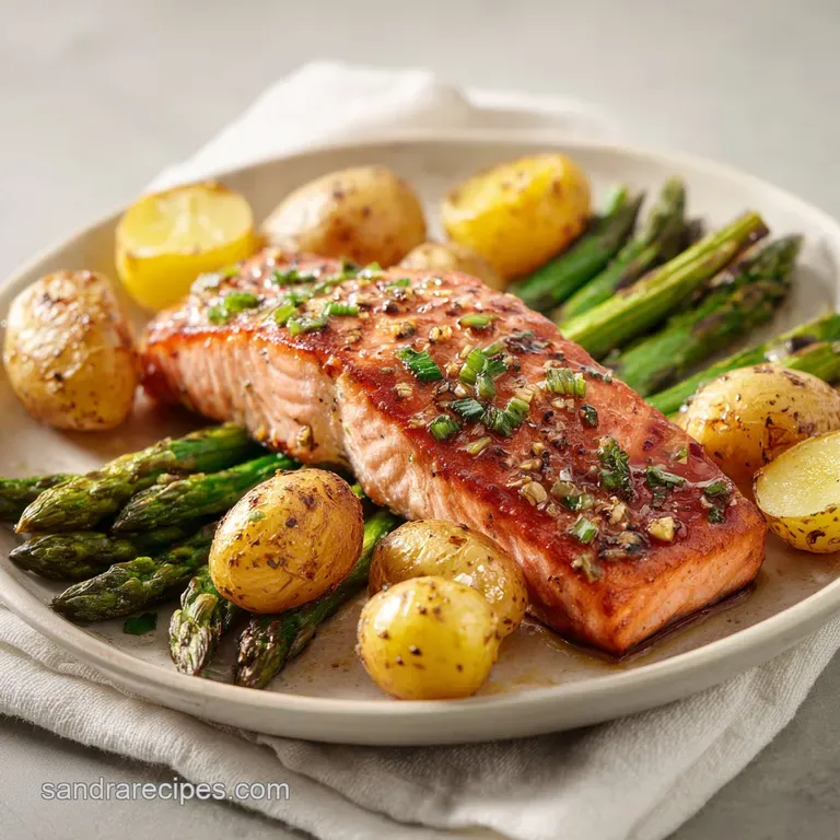 A golden-brown salmon fillet served on a white ceramic plate with vibrant green asparagus and a fresh lemon wedge.