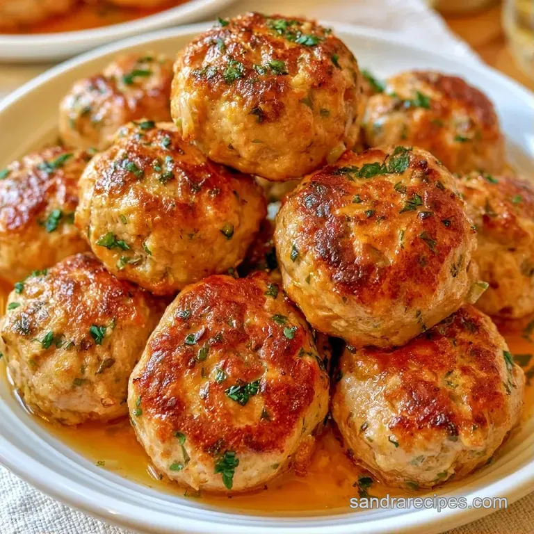 Three juicy, browned meat spheres arranged on a white plate beside a small bowl of creamy garlic dipping sauce.