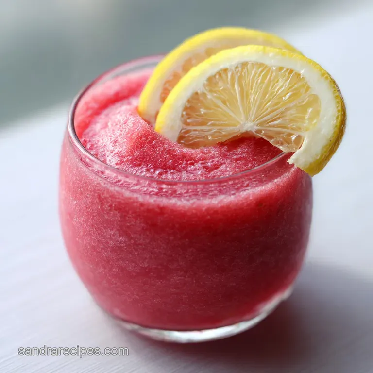 Vibrant pink slushy in a crystal glass beside sliced lemons and fresh strawberries on a white marble surface.