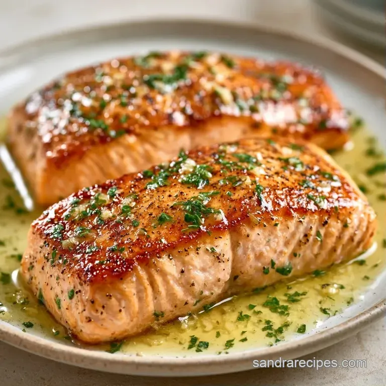 Flaky pink salmon fillet on a white plate, garnished with bright lemon wedges and a sprig of fresh green parsley.