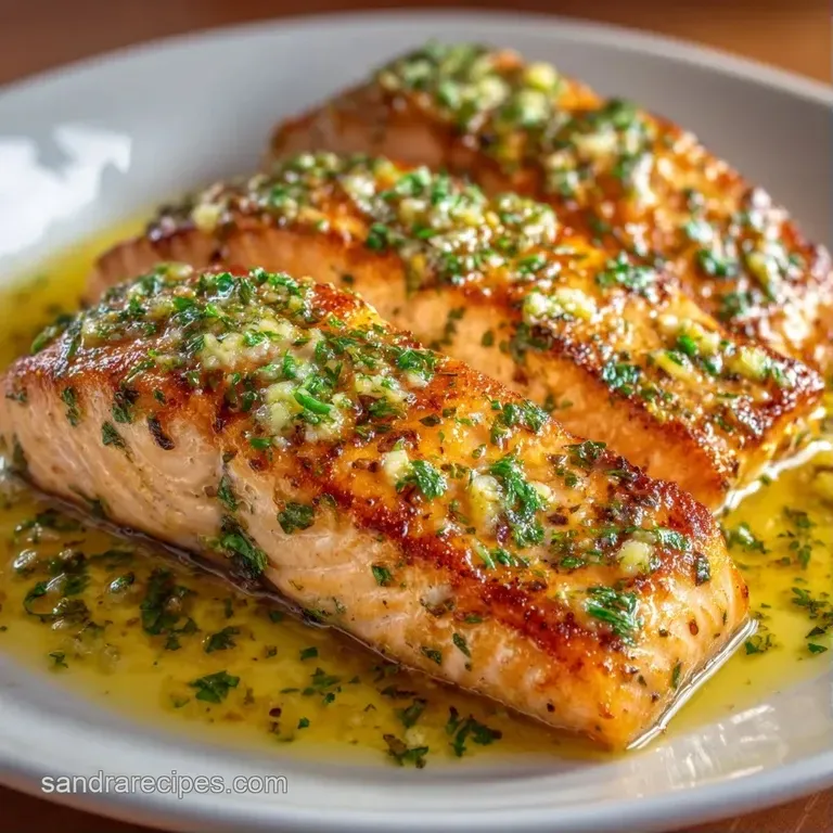 Pan-seared pink fish fillet topped with toasted garlic and fresh parsley, served beside steamed asparagus spears.