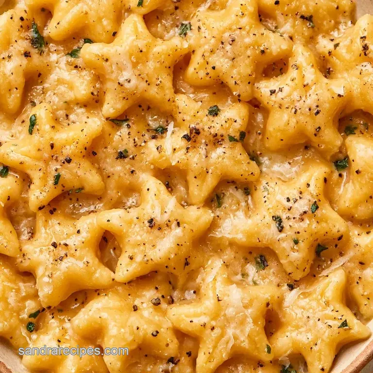 Silky star pasta in a shallow porcelain bowl topped with shaved parmesan and a sprinkle of fresh green parsley.