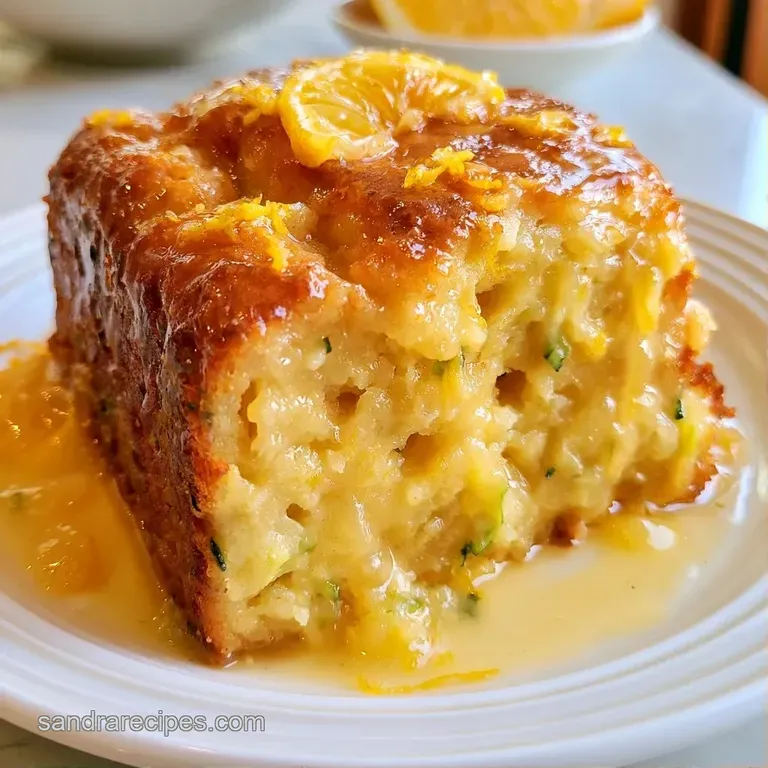 Slices of moist yellow cake on a white plate, topped with a drizzle of lemon glaze and a thin slice of fresh lemon.