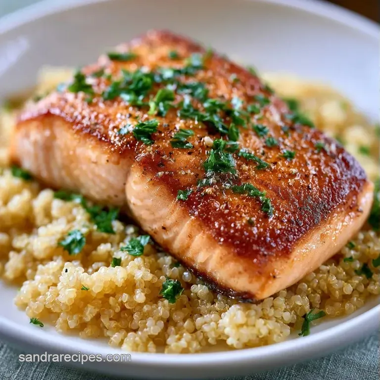 Elegantly plated bowl with seared salmon, rainbow carrots, and quinoa, drizzled with a creamy lemon tahini sauce.