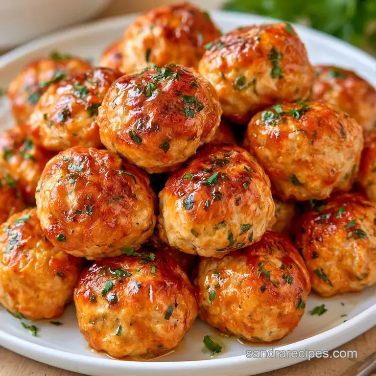 Three seared meatballs arranged on a white ceramic plate with a swirl of rich red sauce and a sprig of thyme.