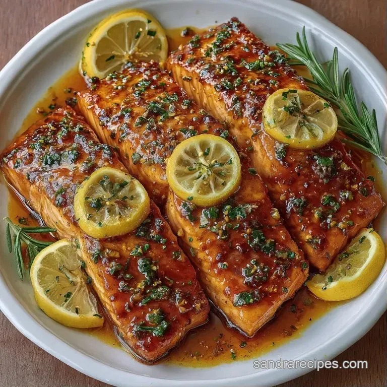 Searing salmon fillet resting on steamed asparagus with a glossy citrus glaze and a sprig of fresh green parsley.
