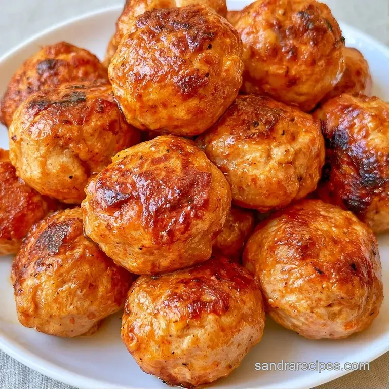 Three savory brown meatballs plated on a white dish with a glossy glaze and a delicate garnish of fresh green herbs.