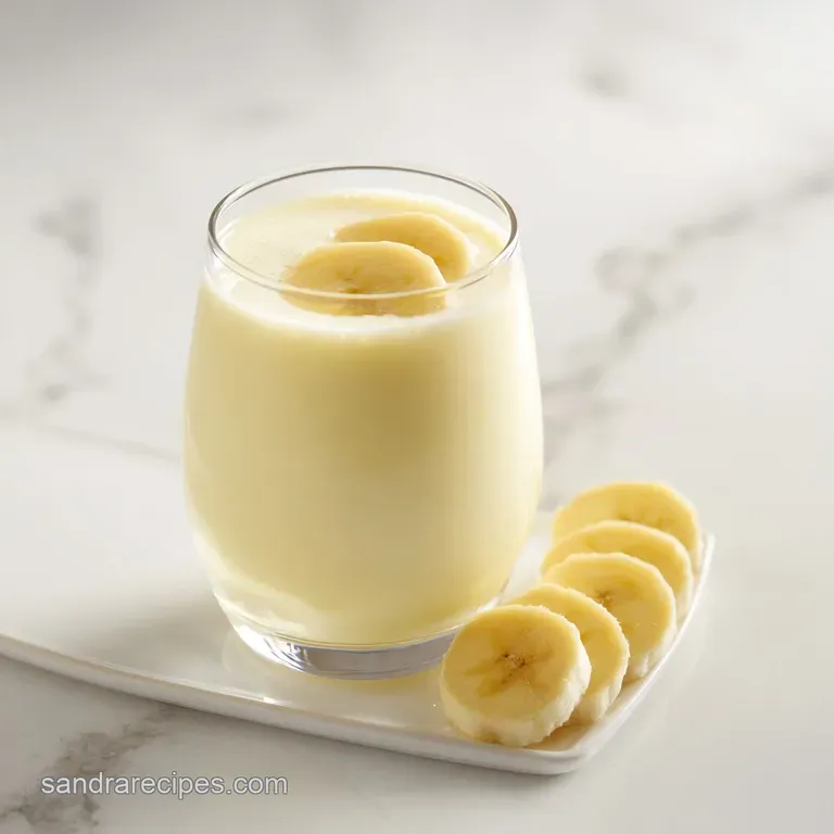 Smooth pastel yellow drink in a tall glass next to ripe banana slices on a bright, minimalist white background.