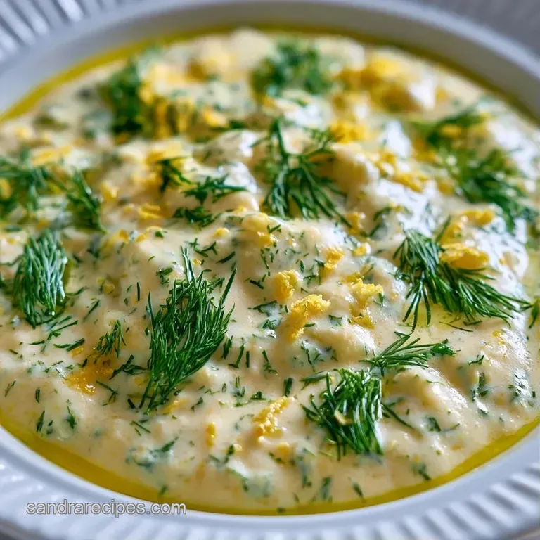 A sophisticated plate of flaky pink fish drizzled in pale yellow sauce, garnished with fresh dill and lemon.