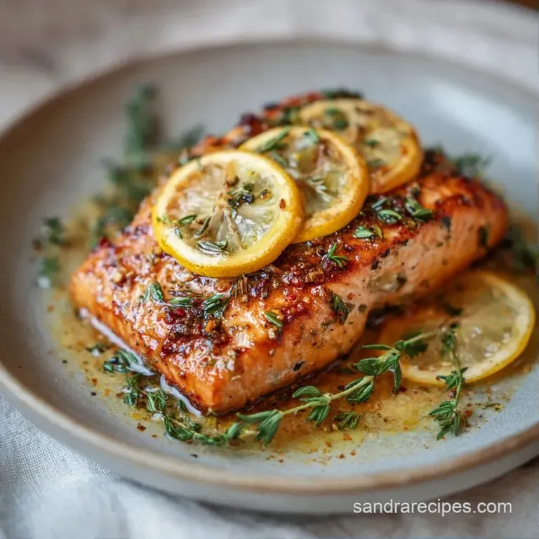 Four pink salmon fillets atop steamed asparagus with thin lemon wheels and a drizzle of melted herb butter.