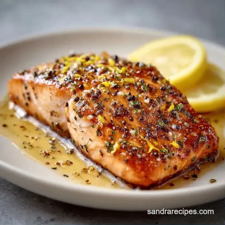 Flaky pink salmon fillet on a white ceramic plate with bright green asparagus and thin, translucent lemon wheels.