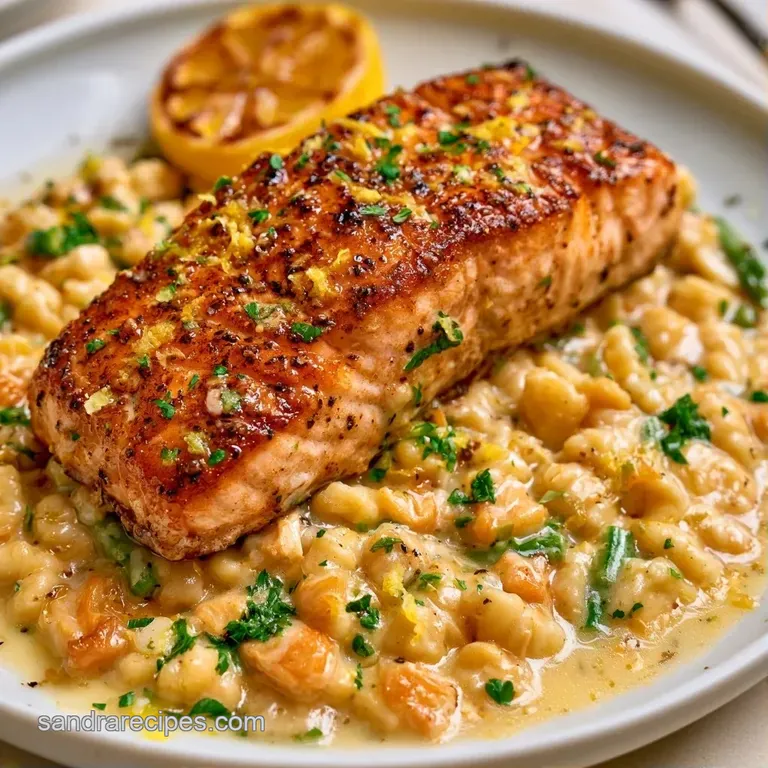 A shallow white bowl of buttery pasta topped with a seared salmon fillet, lemon slices, and a sprig of fresh greenery.