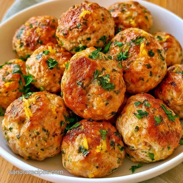 Seared meat spheres arranged on a white ceramic plate with bright yellow lemon rounds and a sprinkle of herbs.