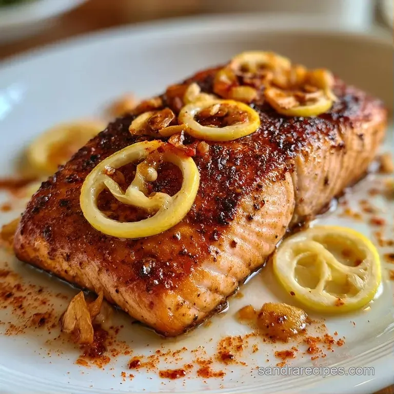 Pan-seared salmon fillet on a white ceramic plate paired with a creamy puree and delicate fresh microgreens.
