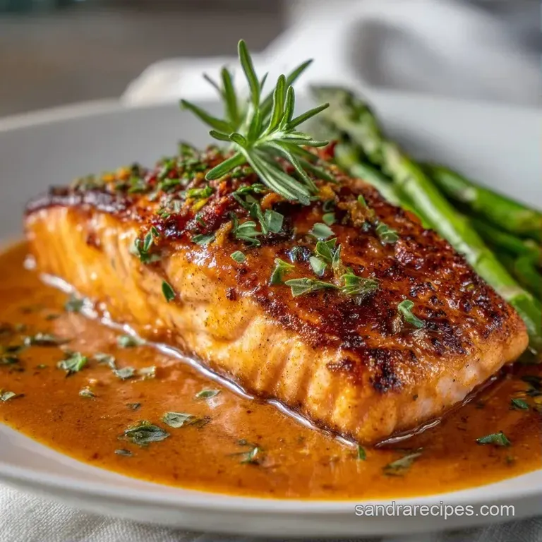 Golden-brown salmon fillet nestled in a rich, creamy sauce with red sun-dried tomatoes on a clean white ceramic plate.