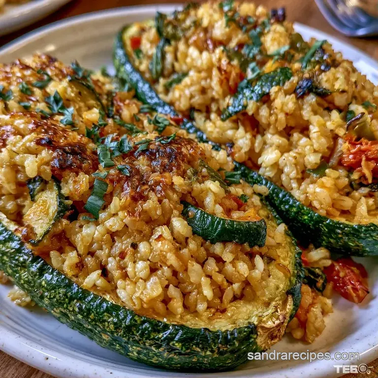 Two green zucchini boats filled with hearty grains, served on a slate platter with a sprinkle of red paprika.