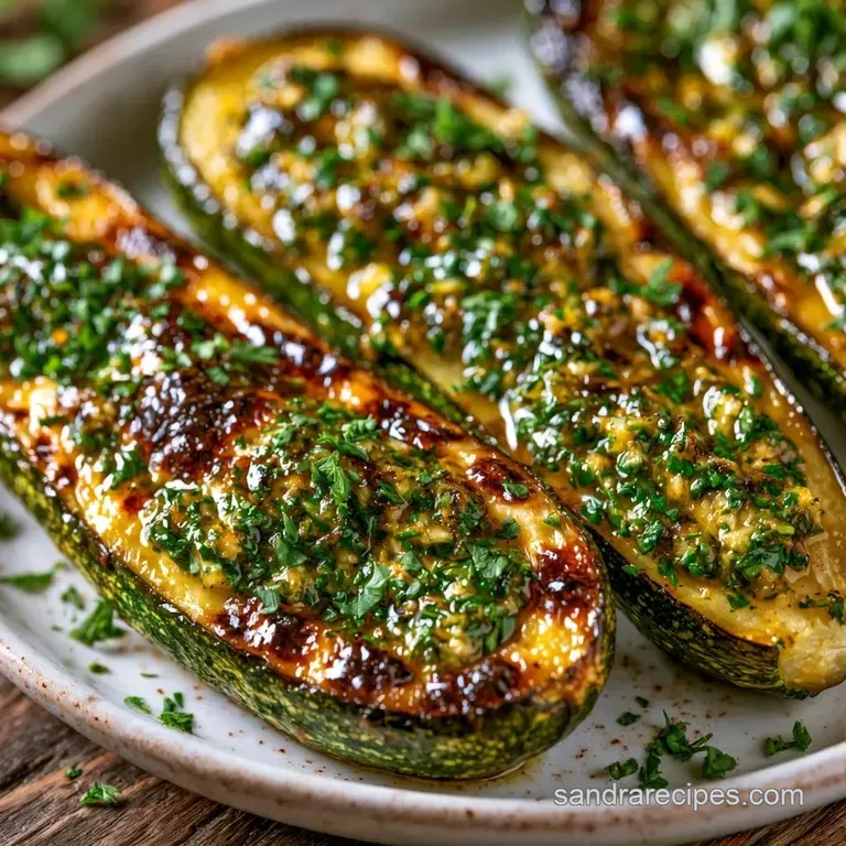 Two roasted zucchini halves filled with savory grains, topped with melted mozzarella and a sprig of fresh thyme.