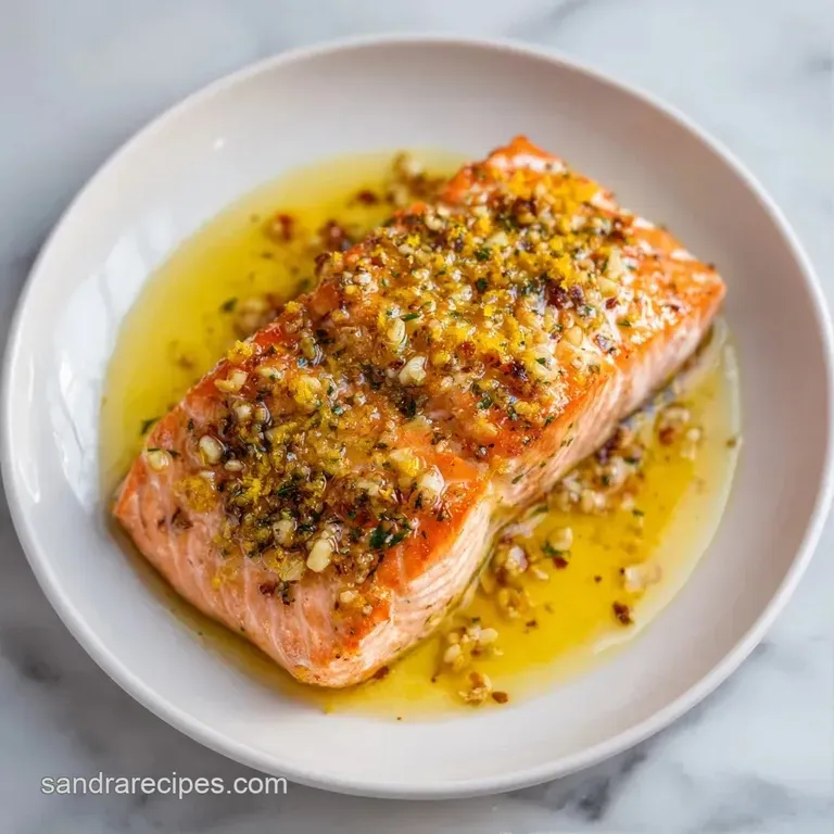 A flaky pink salmon fillet resting on vibrant saut&eacute;ed greens, garnished with a thin lemon slice and fresh herbs.