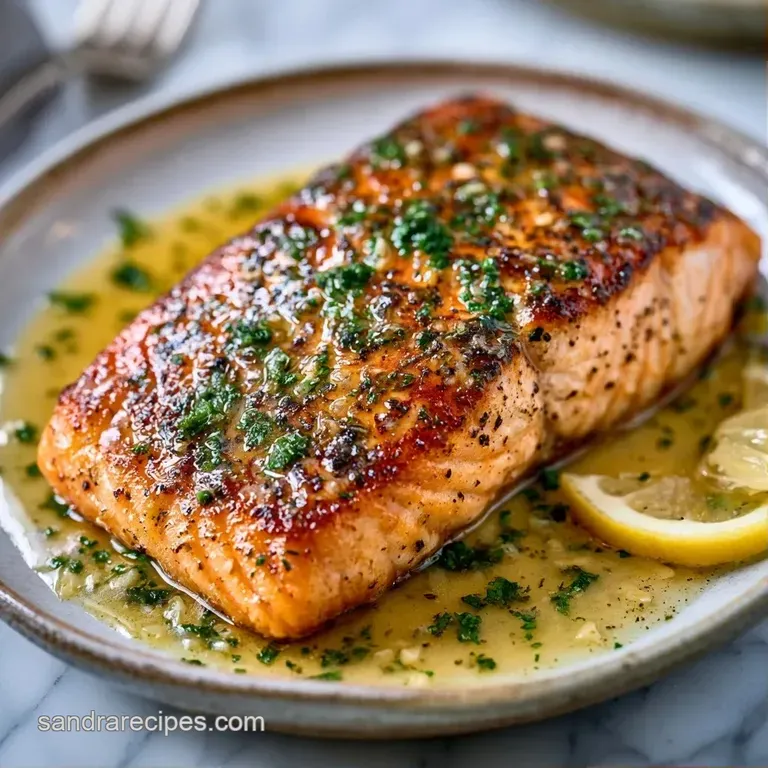 Seared pink salmon fillet on a white plate with lemon slices, fresh parsley, and a drizzle of golden garlic butter.