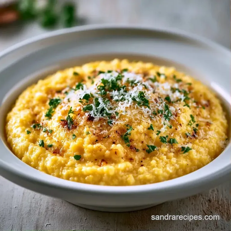 Elegant white bowl filled with velvety yellow pasta, garnished with coarse black pepper and a parsley leaf.