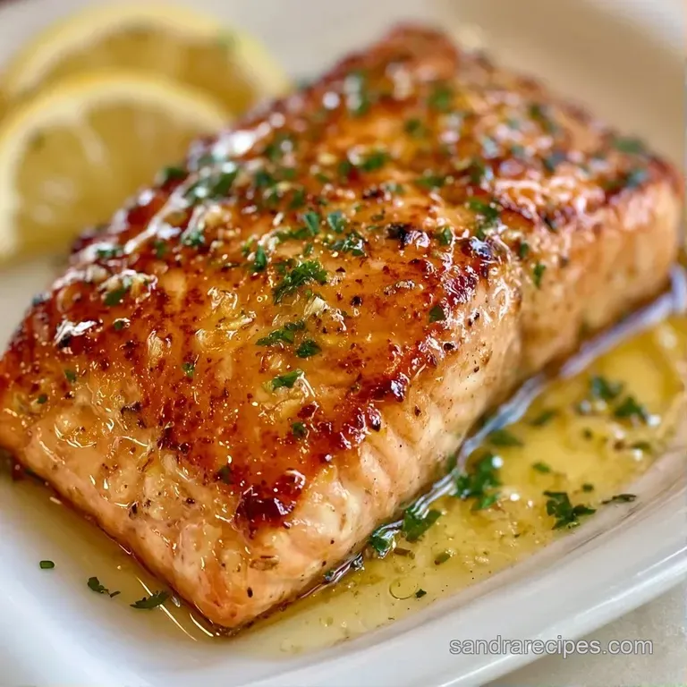 Plated pink salmon fillet on a bed of vibrant green asparagus, garnished with a lemon wedge and fresh herb sprigs.