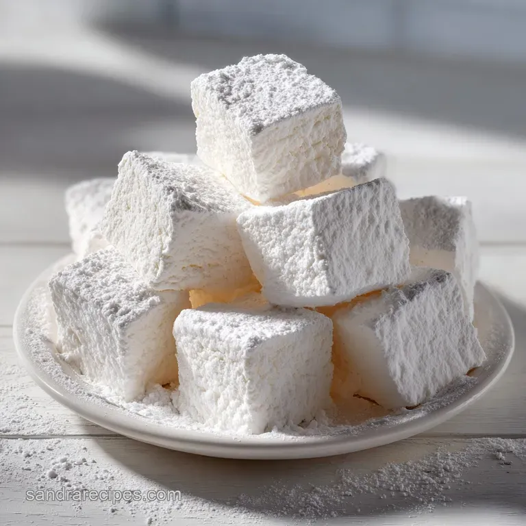 Neatly stacked white sugar cubes arranged on a white marble slab, accented by a small, fresh sprig of mint.