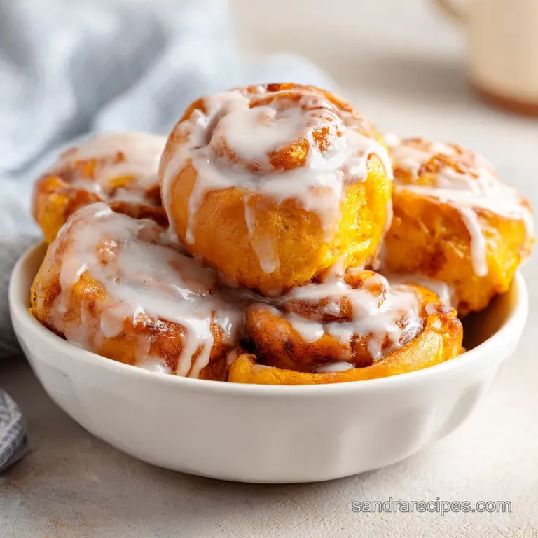 A single golden-orange swirl roll on a white ceramic plate, topped with creamy frosting and a dash of cinnamon.