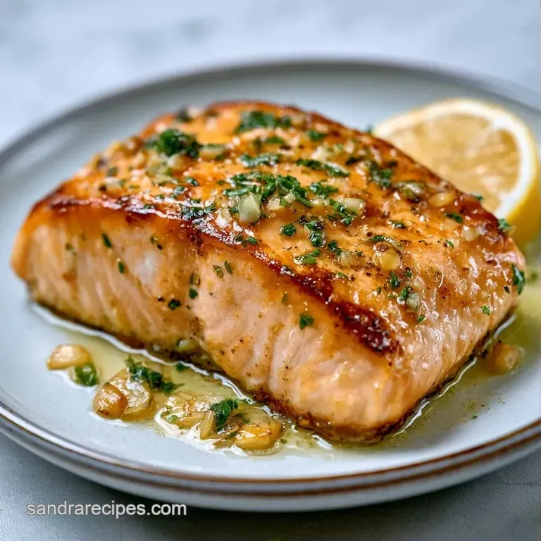 Elegant pink salmon fillet on a white plate with vibrant steamed asparagus and a glossy lemon butter drizzle.